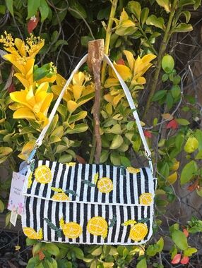Striped Beaded Lemon Shoulder Bag